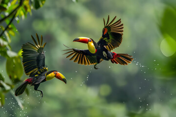 Obraz premium A pair of toucans engage in a playful game of tag.