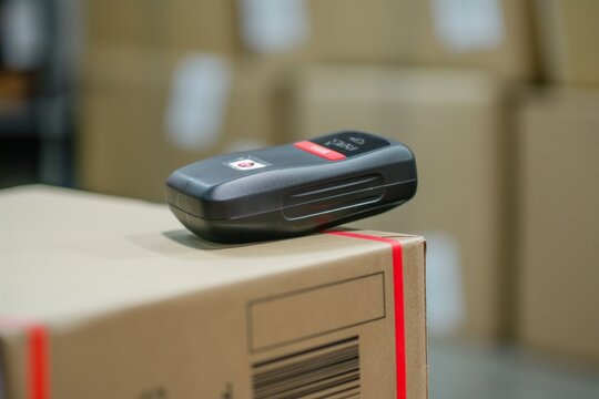 Close up of a handheld barcode reader on a shipping box