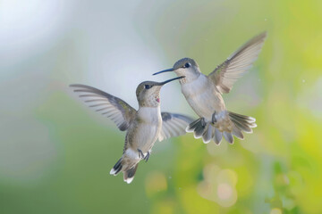 Fototapeta premium A pair of hummingbirds engage in a high-speed chase.