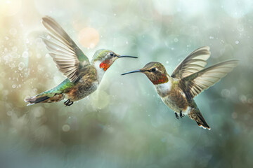 Fototapeta premium A pair of hummingbirds engage in a high-speed chase.