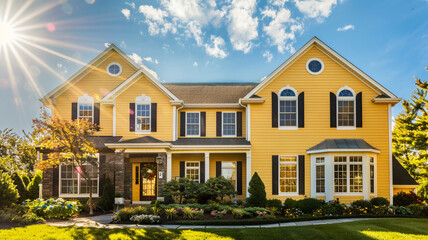 A sunny mustard yellow house with traditional windows and shutters brightens up the suburban landscape, adding a touch of cheer to the neighborhood on a beautiful day. - obrazy, fototapety, plakaty