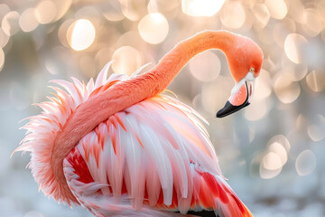 A flamingo stretches its elegant neck as it preens its feathers.