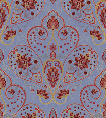 Blue and red pattern with ornamental flowers. Traditional oriental floral background. Design for wallpaper, textile, carpet and any surface. - 794058145
