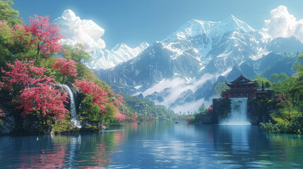 A beautiful mountain landscape with a waterfall - obrazy, fototapety, plakaty