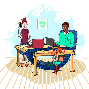 Man and woman work at computers in the room. Couple’s child swings under the table in hammock and plays with the cat. Work from anywhere in the world. Hand drawn vector illustration