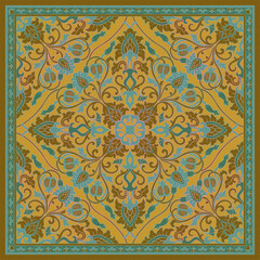 Yellow and green neck scarf with a stylized flowers and pomegranates. Vector design for a neckerchief, carpet, kerchief, bandana, rug. Traditional floral pattern. - 794058311