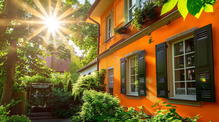 A sunny tangerine-colored house with traditional windows and shutters stands out against the lush greenery of the suburban neighborhood, capturing the warmth of the sun on a bright day. - obrazy, fototapety, plakaty
