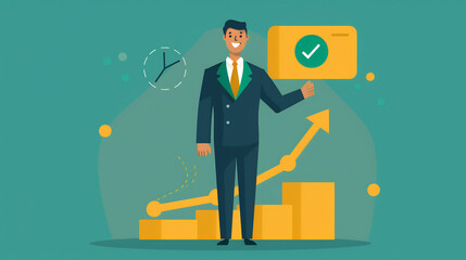 Businessman holding up arrow icon and percentage with graph indicators for investment growth