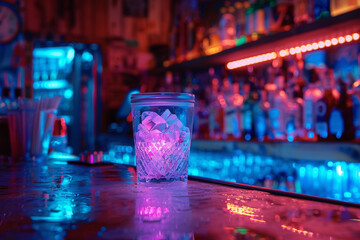 A tip jar on the bar counter glowing under neon light.
