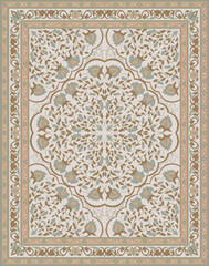 Traditional vintage carpet design. Stylized floral ornament with frame. Pastel color template for rug, textile, tapestry. - 794058550
