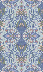Vintage blue damask floral background. Pattern with stylized vases and flowers. - 794058554