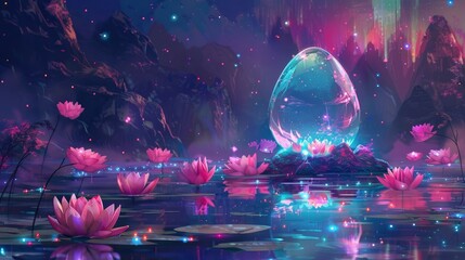 A glowing crystal egg with neon lotus flowers floating on water, aurora borealis in the background, ethereal fantasy style, pastel colors, vibrant illustrations, detailed character design