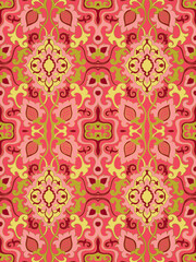 Seamless pink and green pattern with ornamental flowers. Colorful floral damask ornament. Background for wallpaper, textile, carpet and any surface.  - 794058990