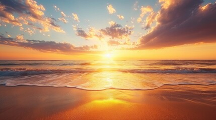 A golden sunset over the ocean, casting warm hues across the sky and reflecting on the sand of an empty beach.