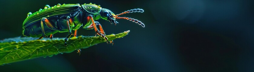 Luminous beetle on leaf neon outlines - obrazy, fototapety, plakaty
