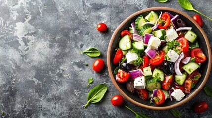 Fresh greek salad with tomato, cucumber, bel pepper , olives and feta cheese on black plate - obrazy, fototapety, plakaty