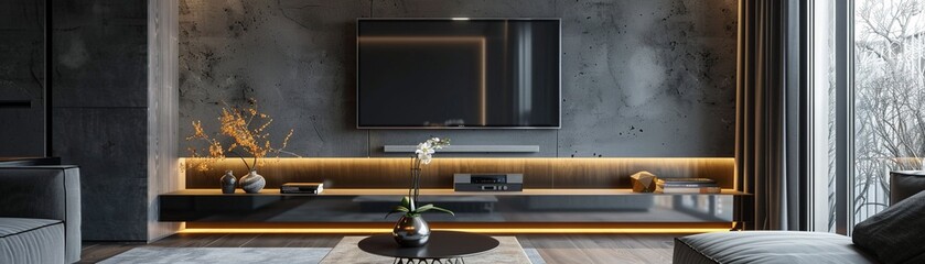 Modern living room backlight TV panel - obrazy, fototapety, plakaty