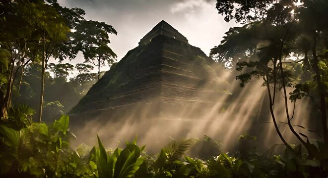 Aztec pyramid in the jungle.