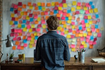 Man Facing a Wall Covered in Colorful Sticky Notes