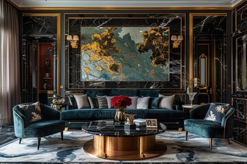 Fototapeta na wymiar Opulent living room, dark marble, velvet sofas, gilded details, low angle, rich texture