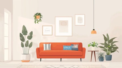 minimalist scandinavian living room interior with sofa and decor vector illustration