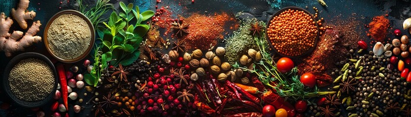 Panorama of spices and herbs rich colors and textures - obrazy, fototapety, plakaty