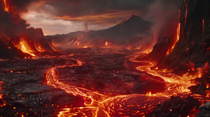 A lava filled landscape with a volcano in the background