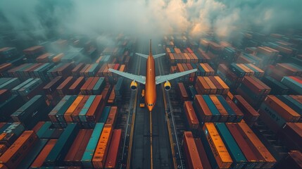 The concept of logistics supply chain management and international goods export is depicted by the freight airplane flying above the overseas shipping container. - obrazy, fototapety, plakaty