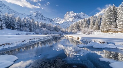 Fototapeta na wymiar A photograph of the Italian Alps in winter, snowcovered trees and mountains reflecting on still water near Lys lavender lake with small river flowing through it
