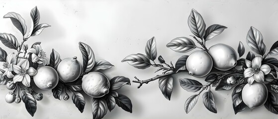 Engraved sketch of a lemon branch with ripe lemons and blossoms. Concept Art, Lemons, Sketch, Engraved, Branch