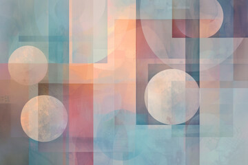 Layers of translucent rectangles and circles float weightlessly in a serene, dreamlike space, - obrazy, fototapety, plakaty