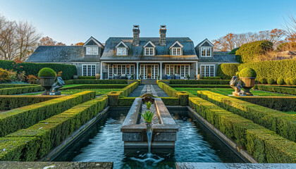Burnished bronze Cape Cod style vacation home, with an elegant water feature and sculpted hedges in a formal garden setting.