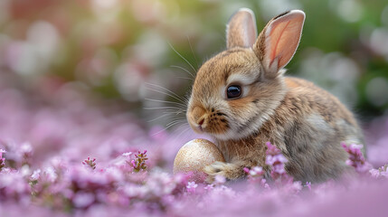 Sweet Bunny Nuzzling Sparkling Easter Egg on Lavender Floral Background