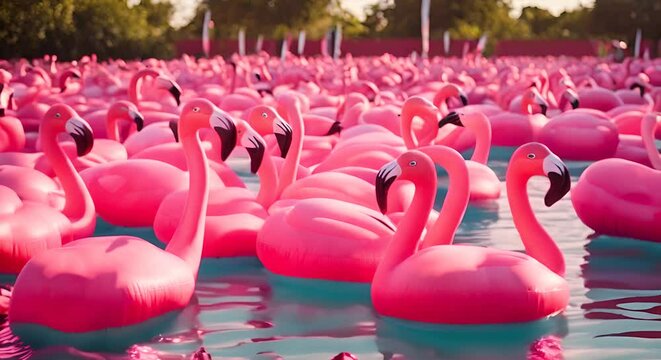 Flamingo inflatables in the pool.