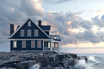 Cape Cod style vacation home in classic navy blue, located on a rocky coastline with waves crashing...