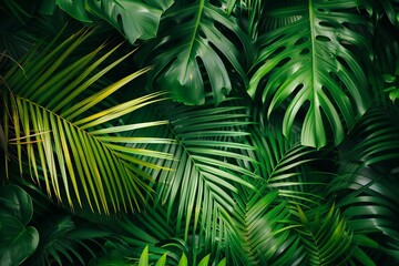 exotic tropical rainforest with lush green palm leaves nature background - obrazy, fototapety, plakaty
