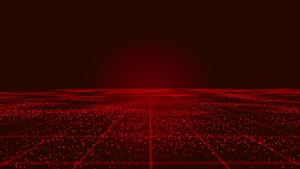 Digital red particle dots wave on lights abstract background. Moving retro grid technology on animated background with light effect corporate concept