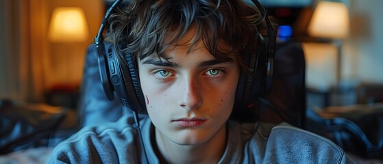 Signs of gaming addiction in a teenage boy playing video games with headphones. Concept Teenage Boys, Gaming Addiction, Video Games, Headphones, Warning Signs - obrazy, fototapety, plakaty