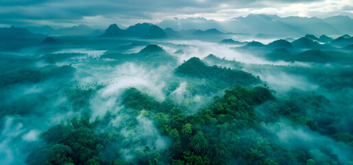Fototapeta na wymiar Misty mountain landscape with lush greenery and clouds
