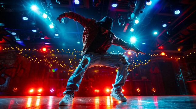 Hip Hop dancer dancing on a stage in neon colors. The young man is likely showcasing his dancing skills in a performance setting. Modern dance, clothing, performance art, and music.