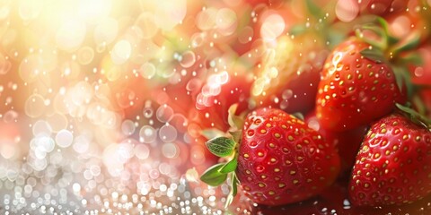Fresh strawberries with water droplets and sparkling light on a vibrant background