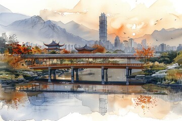 Conceptual drawing of a bridge blending traditional architecture with modern materials, set against...