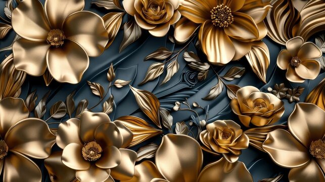 luxurious golden and dark floral wallpaper design 3d digital artwork
