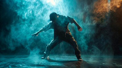 Hip Hop dancer dancing on a stage in dark colors. The young man is likely showcasing his dancing skills in a performance setting. Modern dance, clothing, performance art, and music.