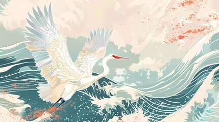 Crane bird decoration vector. Japanese background with hand drawn line wave pattern. Marine banner design with natural landscape template in vintage style.
