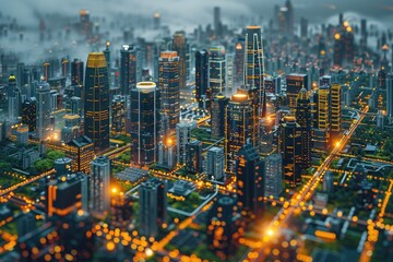 Digital illustration of a smart citys infrastructure, highlighting renewable energy sources, smart grids, and IoT devices