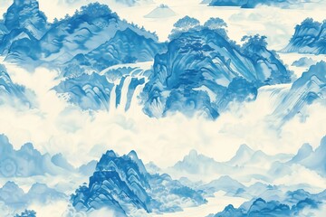 Seamless pattern of misty mountains and flowing rivers.
