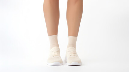 An isolated image of a woman's legs wearing beige socks on a white background