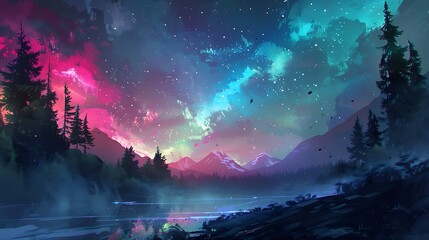 Background with colorful aurora, clouds and stars