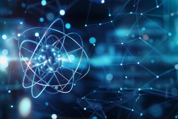 futuristic atomic structure with nucleus and electrons on technological background 3d illustration - obrazy, fototapety, plakaty